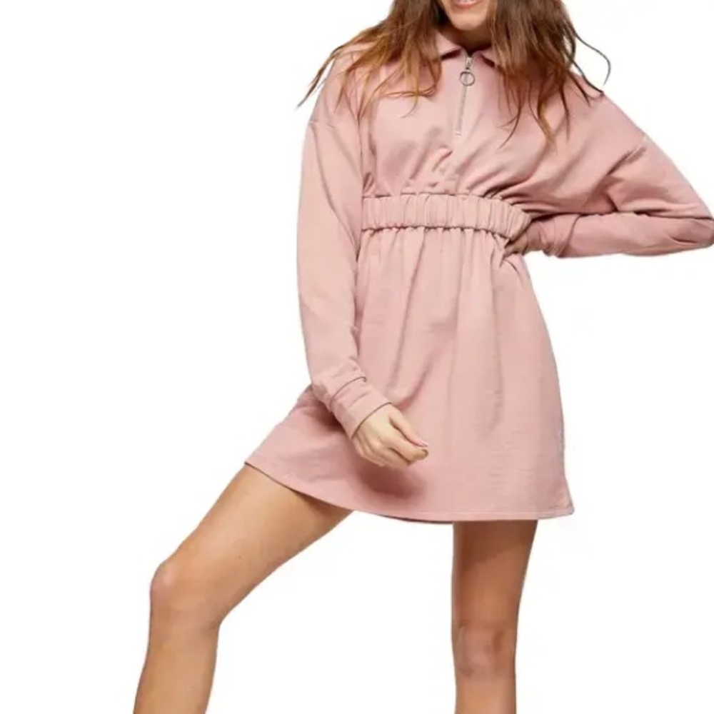 NWOT Topshop Long Sleeve Zip Sweatshirt Mini Dress Blush Pink Sz 6